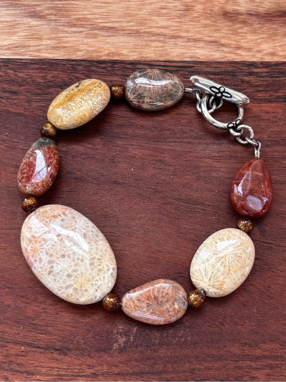 Handcrafted Beige, Brown & Red Fossil Coral Sterling Silver Toggle Bracelet